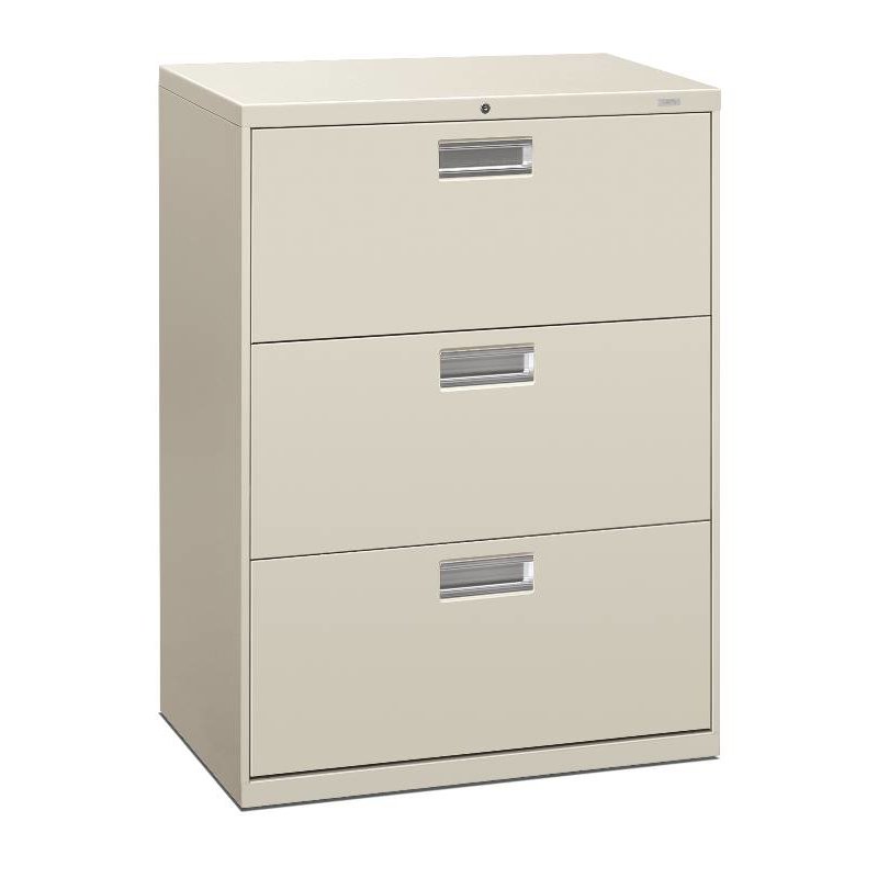 HON Brigade 600 Series Lateral File | 3 Drawers | Polished Aluminum Pull | 30"W x 19-1/4"D x 40-7/8"H | Light Gray Finish. The main picture.