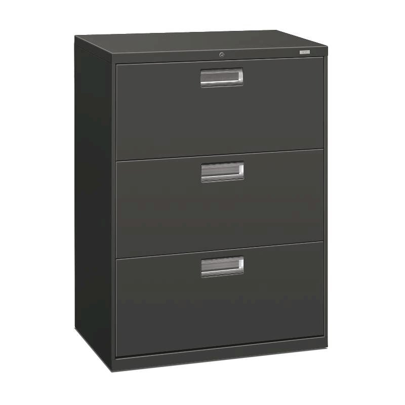 HON Brigade 600 Series Lateral File | 3 Drawers | Polished Aluminum Pull | 30"W x 19-1/4"D x 40-7/8"H | Charcoal Finish. Picture 1