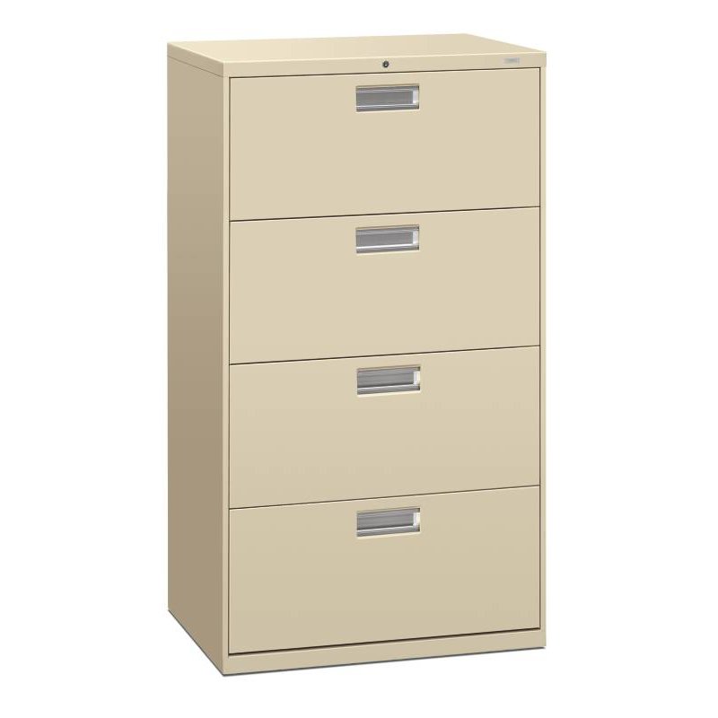 HON Brigade 600 Series Lateral File | 4 Drawers | Polished Aluminum Pull | 30"W x 19-1/4"D x 53-1/4"H | Putty Finish. Picture 1