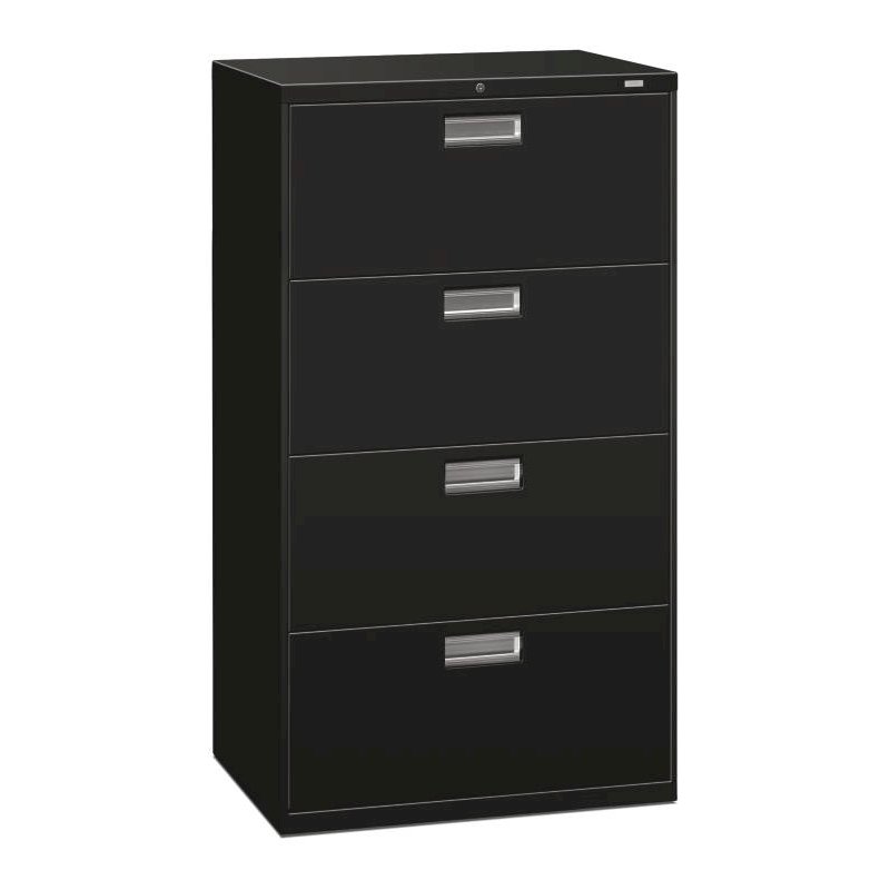 HON Brigade 600 Series Lateral File | 4 Drawers | Polished Aluminum Pull | 30"W x 19-1/4"D x 53-1/4"H | Black Finish. Picture 1
