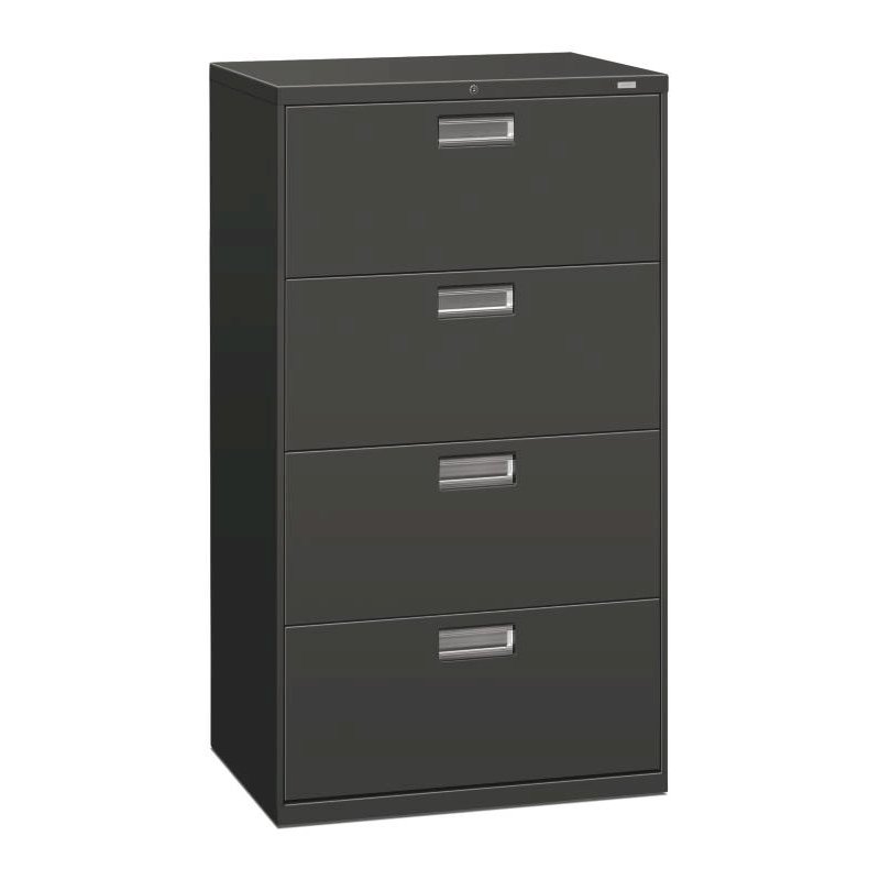HON Brigade 600 Series Lateral File | 4 Drawers | Polished Aluminum Pull | 30"W x 19-1/4"D x 53-1/4"H | Charcoal Finish. Picture 1