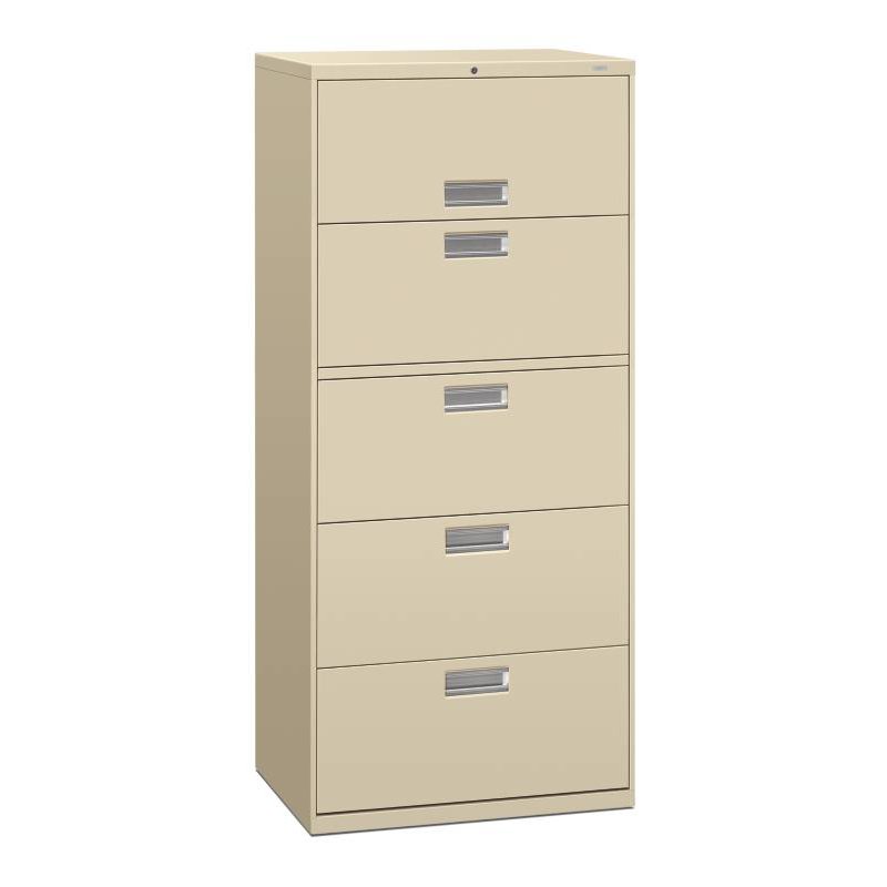 HON Brigade 600 Series Lateral File | 5 Drawers | Polished Aluminum Pull | 30"W x 19-1/4"D x 67"H | Putty Finish. Picture 1