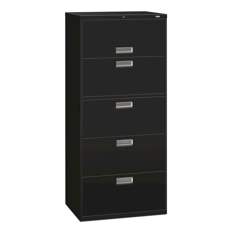 HON Brigade 600 Series Lateral File | 5 Drawers | Polished Aluminum Pull | 30"W x 19-1/4"D x 67"H | Black Finish. Picture 1