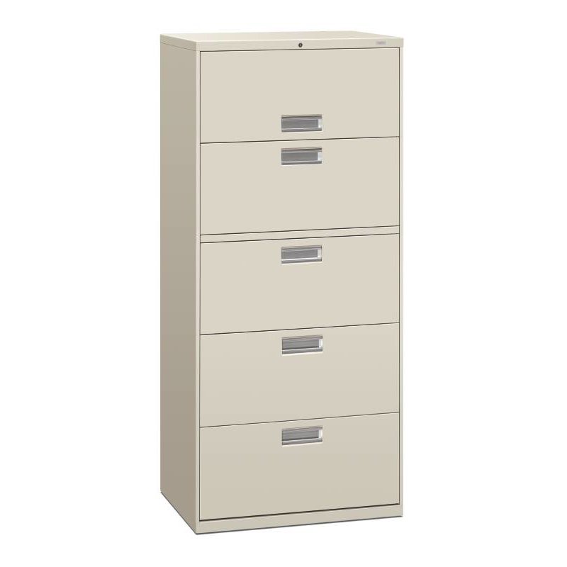 HON Brigade 600 Series Lateral File | 5 Drawers | Polished Aluminum Pull | 30"W x 19-1/4"D x 67"H | Light Gray Finish. Picture 1