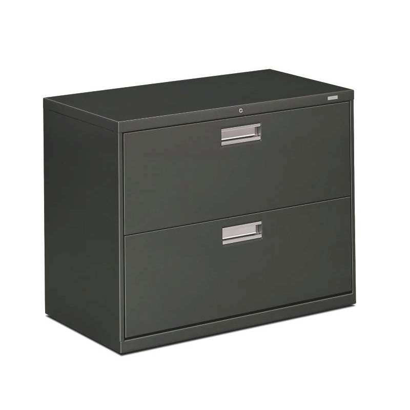 HON Brigade 600 Series Lateral File | 2 Drawers | Polished Aluminum Pull | 36"W x 19-1/4"D x 28-3/8"H | Charcoal Finish. Picture 1