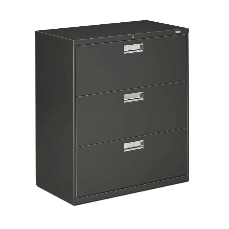 HON Brigade 600 Series Lateral File | 3 Drawers | Polished Aluminum Pull | 36"W x 19-1/4"D x 40-7/8"H | Charcoal Finish. Picture 1