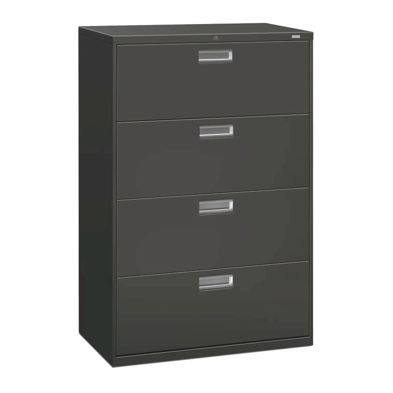 HON Brigade 600 Series Lateral File | 4 Drawers | Polished Aluminum Pull | 36"W x 19-1/4"D x 53-1/4"H | Charcoal Finish. Picture 1