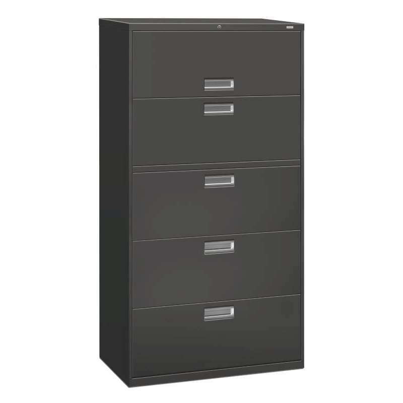 HON Brigade 600 Series Lateral File | 5 Drawers | Polished Aluminum Pull | 36"W x 19-1/4"D x 67"H | Charcoal Finish. Picture 1