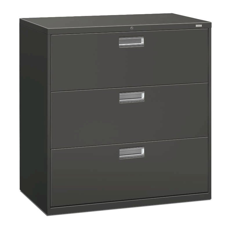 HON Brigade 600 Series Lateral File | 3 Drawers | Polished Aluminum Pull | 42"W x 18"D x 39.1"H | Charcoal Finish. Picture 1