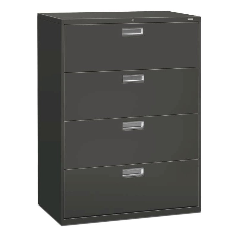 HON Brigade 600 Series Lateral File | 4 Drawers | Polished Aluminum Pull | 42"W x 19-1/4"D x 53-1/4"H | Charcoal Finish. Picture 1