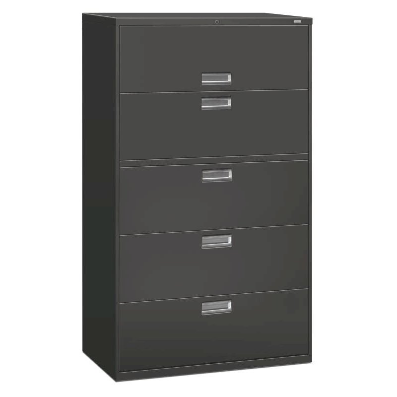 HON Brigade 600 Series Lateral File | 5 Drawers | Polished Aluminum Pull | 42"W x 19-1/4"D x 67"H | Charcoal Finish. Picture 1
