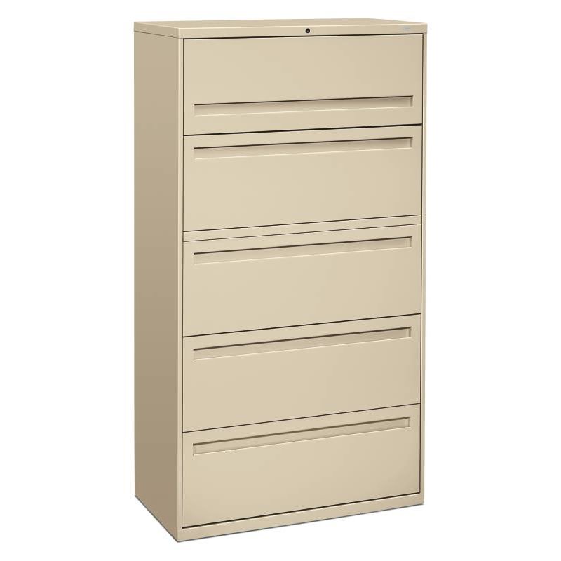 HON Brigade 700 Series Lateral File | 5 Drawers | Full Integral Pull | 36"W x 19-1/4"D x 67"H | Putty Finish. Picture 1