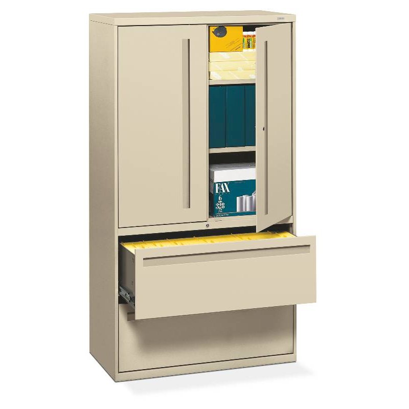 HON Brigade 700 Series Lateral File | 2 Drawers / 3 Shelves with Doors | Full Integral Pull | 36"W x 19-1/4"D x 67"H | Putty Finish. Picture 1
