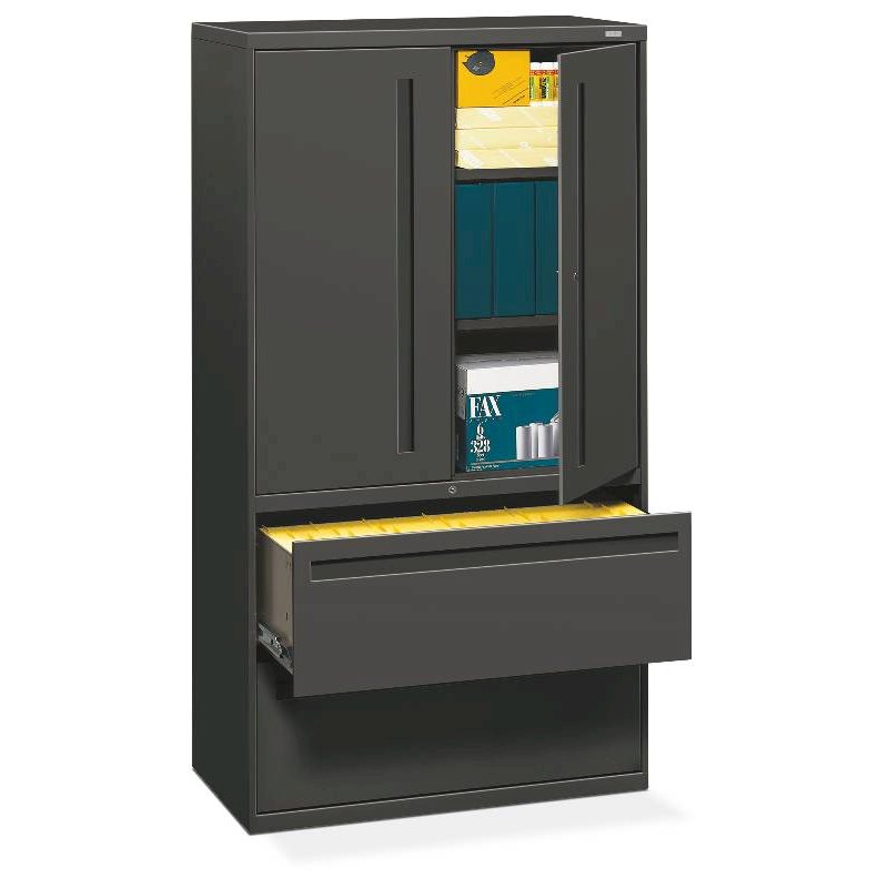 HON Brigade 700 Series Lateral File | 2 Drawers / 3 Shelves with Doors | Full Integral Pull | 36"W x 19-1/4"D x 67"H | Charcoal Finish. Picture 1