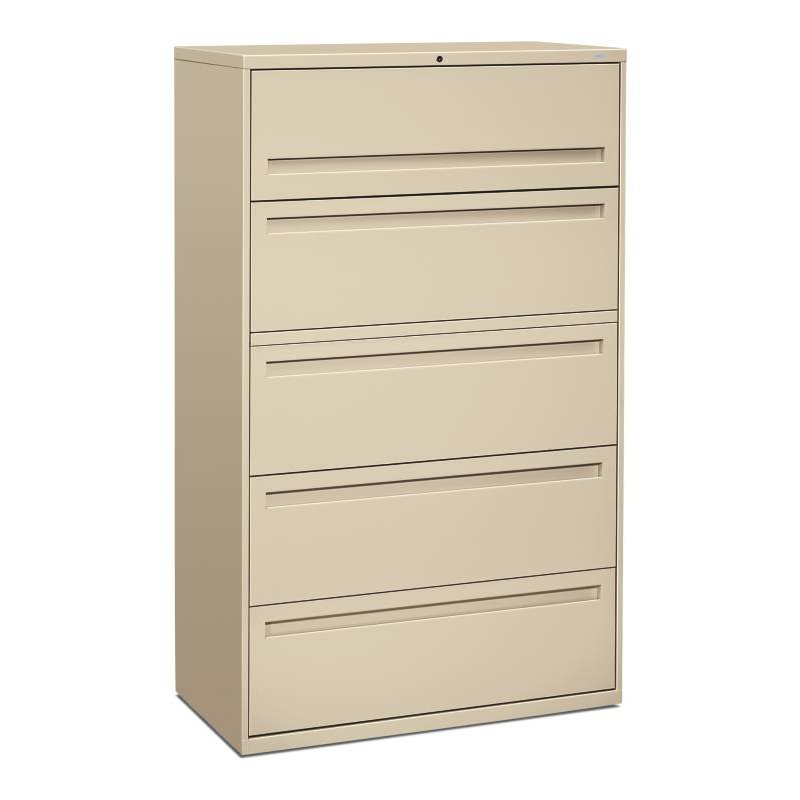 HON Brigade 700 Series Lateral File | 5 Drawers | Full Integral Pull | 42"W x 19-1/4"D x 67"H | Putty Finish. The main picture.