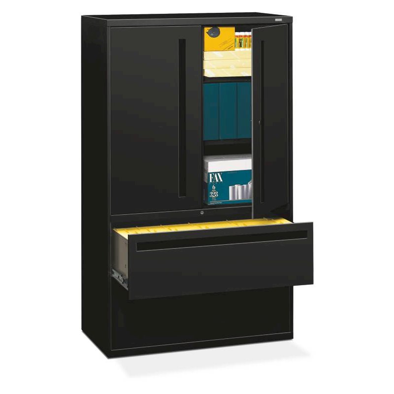 HON Brigade 700 Series Lateral File | 2 Drawers / 3 Shelves with Doors | Full Integral Pull | 42"W x 19-1/4"D x 67"H | Black Finish. Picture 1