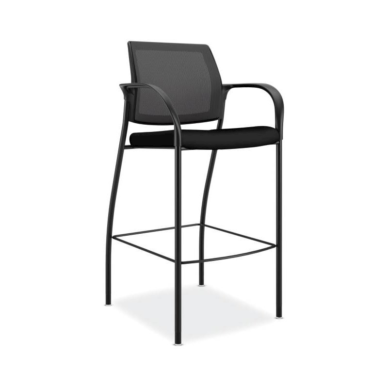 HON Ignition Cafe Height 4-Leg Stool | Fixed Arms | Glides | Black ilira-Stretch Mesh Back | Black Seat Fabric | Black Frame. Picture 1