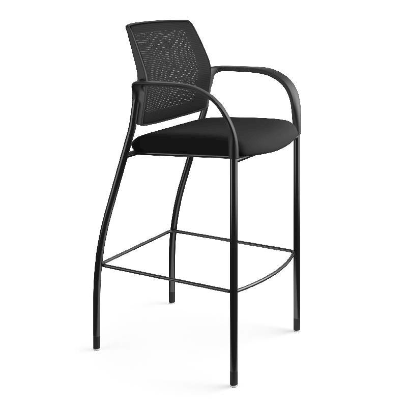 HON Ignition Cafe Height 4-Leg Stool | Fixed Arms | Glides | Black ilira-Stretch Mesh Back | Black Seat Fabric | Black Frame. Picture 2