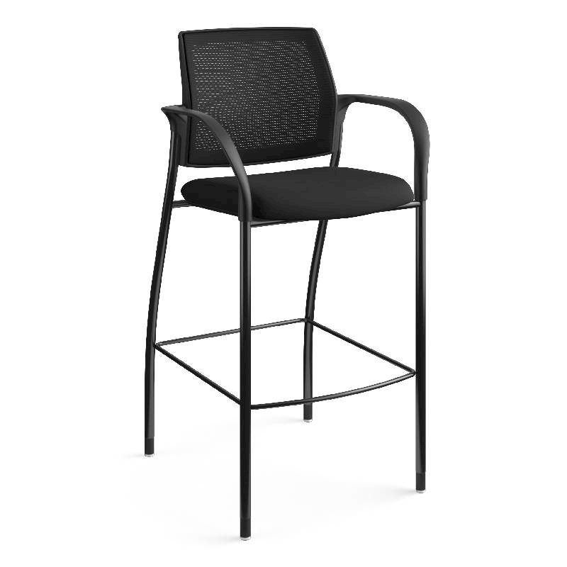 HON Ignition Cafe Height 4-Leg Stool | Fixed Arms | Glides | Black ilira-Stretch Mesh Back | Black Seat Fabric | Black Frame. Picture 5