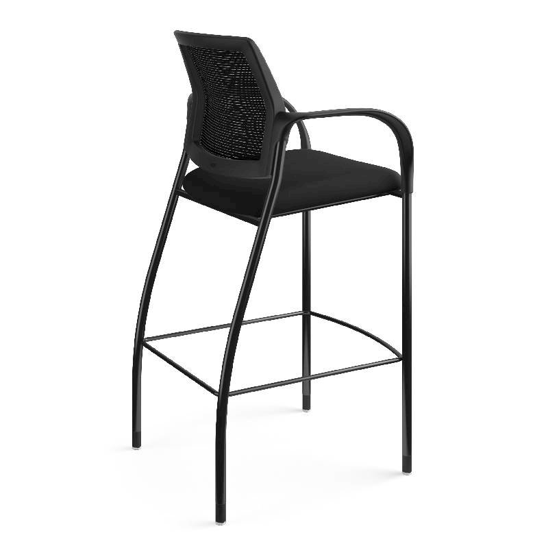 HON Ignition Cafe Height 4-Leg Stool | Fixed Arms | Glides | Black ilira-Stretch Mesh Back | Black Seat Fabric | Black Frame. Picture 7