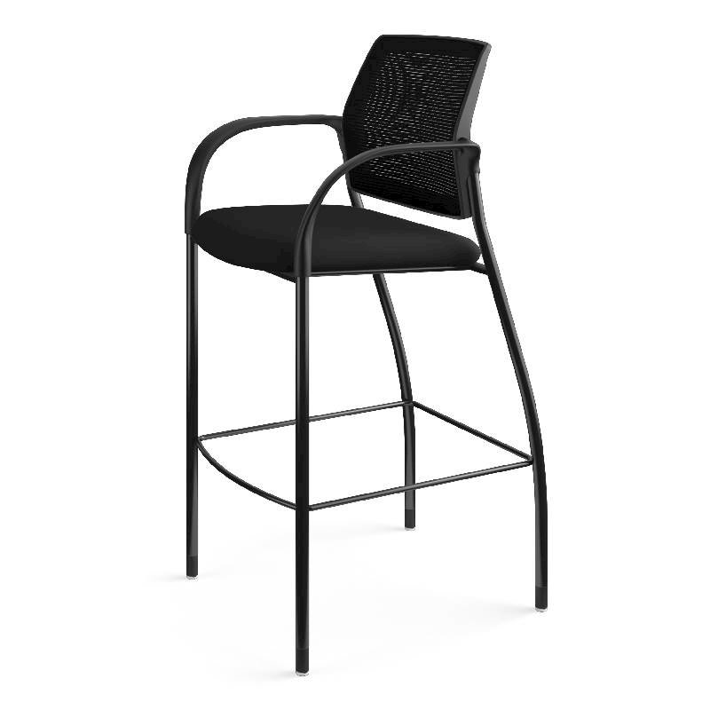 HON Ignition Cafe Height 4-Leg Stool | Fixed Arms | Glides | Black ilira-Stretch Mesh Back | Black Seat Fabric | Black Frame. Picture 13