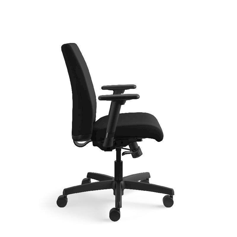 HON Ignition Low-Back Task Chair | Height- and Width-Adjustable Arms | Hard Casters | Upholstered Back | Black Fabric | Black Base. Picture 6