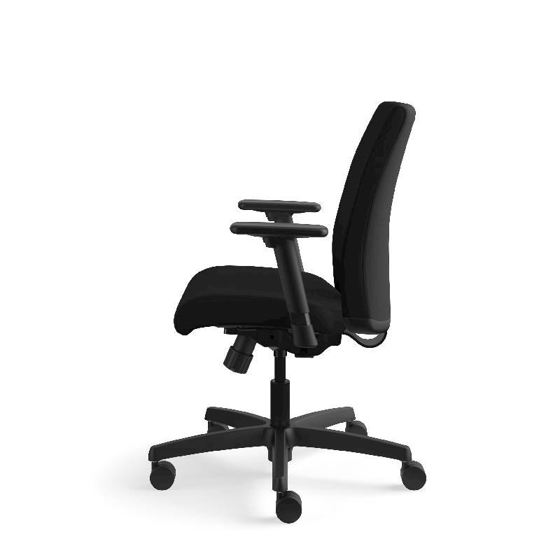 HON Ignition Low-Back Task Chair | Height- and Width-Adjustable Arms | Hard Casters | Upholstered Back | Black Fabric | Black Base. Picture 12