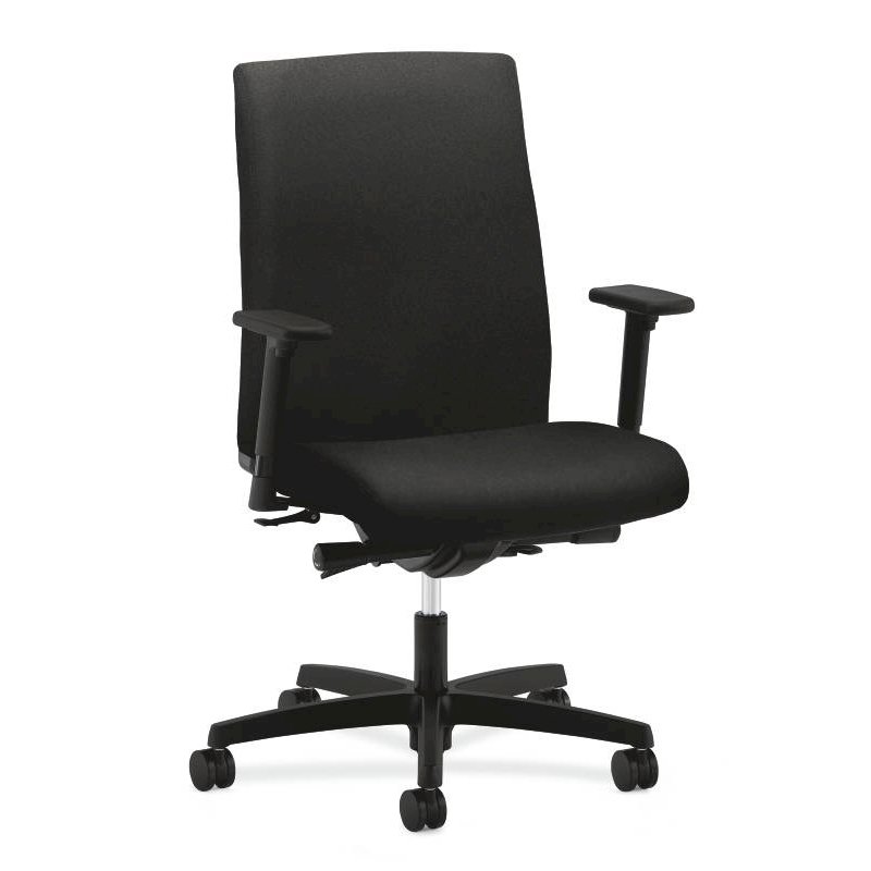 HON Ignition Mid-Back Task Chair | Height- and Width-Adjustable Arms | Hard Casters | Upholstered Back | Black Seat Fabric | Black Frame | Standard Base. The main picture.