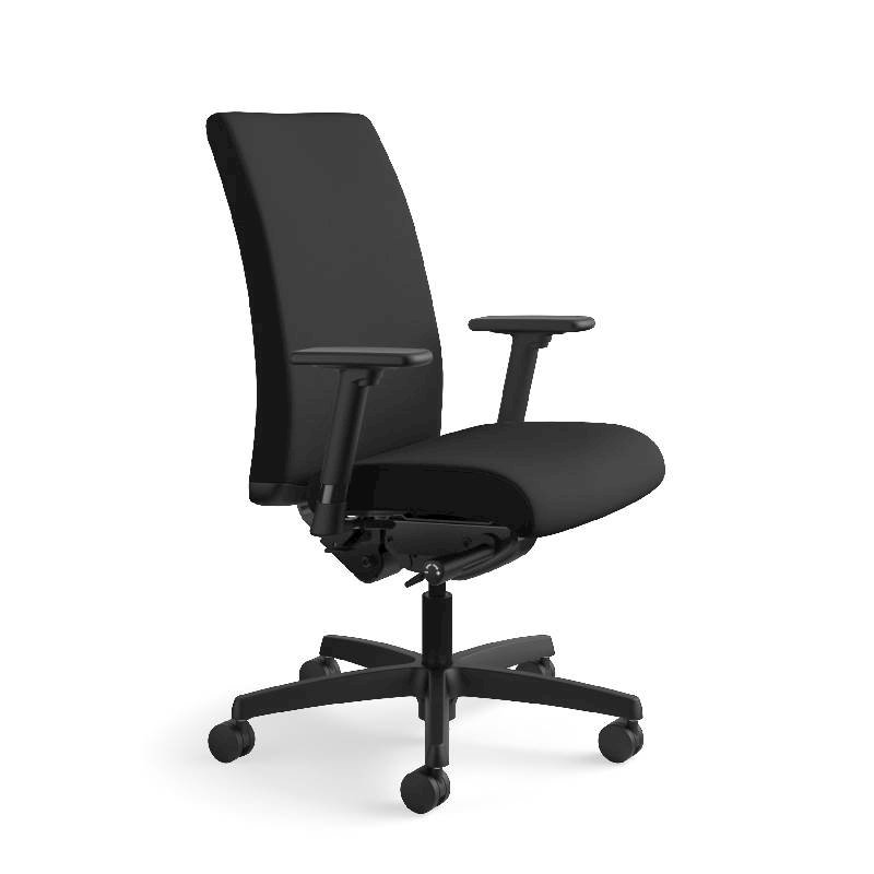 HON Ignition Mid-Back Task Chair | Height- and Width-Adjustable Arms | Hard Casters | Upholstered Back | Black Seat Fabric | Black Frame | Standard Base. Picture 2