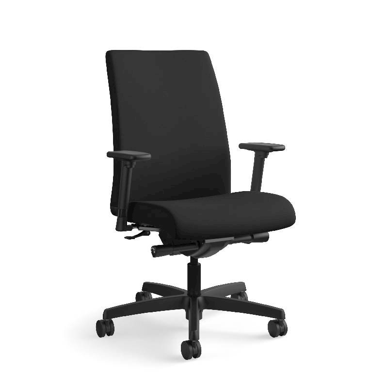 HON Ignition Mid-Back Task Chair | Height- and Width-Adjustable Arms | Hard Casters | Upholstered Back | Black Seat Fabric | Black Frame | Standard Base. Picture 5