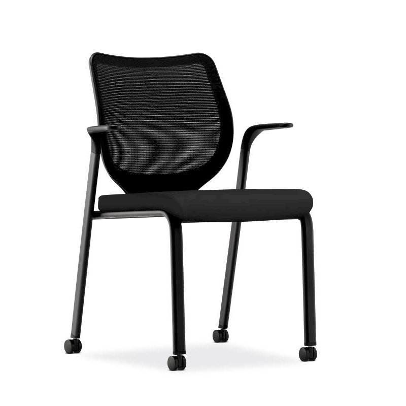 HON Nucleus Knit Back Stacking Chair | Fixed Arms | Glides | Black ilira-Stretch | Black Frame | Black Fabric. Picture 1