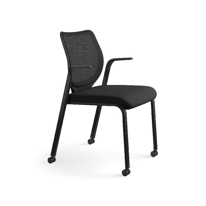 HON Nucleus Knit Back Stacking Chair | Fixed Arms | Glides | Black ilira-Stretch | Black Frame | Black Fabric. Picture 2