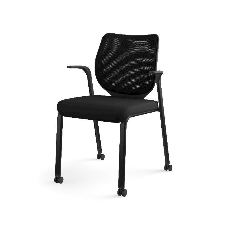 HON Nucleus Knit Back Stacking Chair | Fixed Arms | Glides | Black ilira-Stretch | Black Frame | Black Fabric. Picture 3