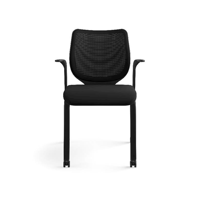 HON Nucleus Knit Back Stacking Chair | Fixed Arms | Glides | Black ilira-Stretch | Black Frame | Black Fabric. Picture 4
