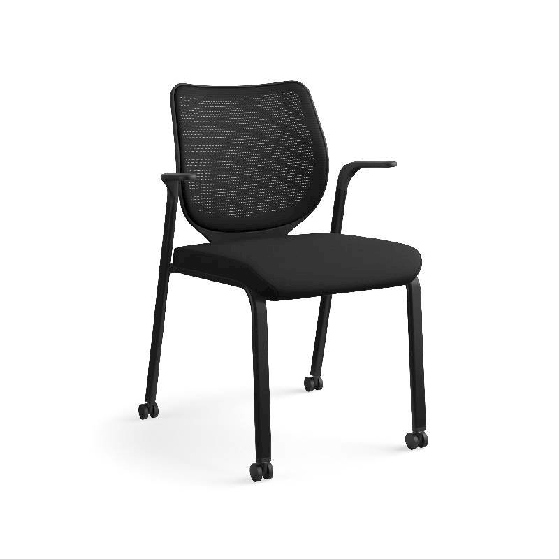 HON Nucleus Knit Back Stacking Chair | Fixed Arms | Glides | Black ilira-Stretch | Black Frame | Black Fabric. Picture 5