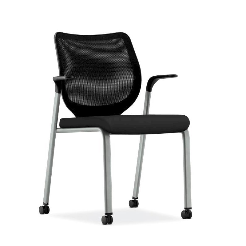 HON Nucleus Knit Back Stacking Chair | Fixed Arms | Glides | Black ilira-Stretch | Platinum Metallic Frame | Black Fabric. The main picture.