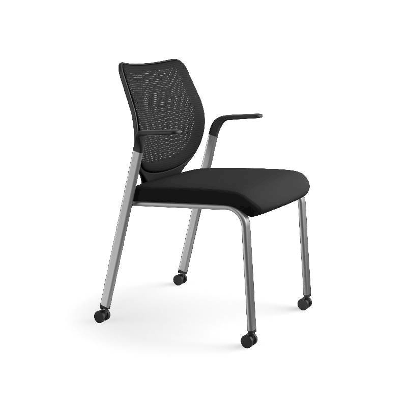 HON Nucleus Knit Back Stacking Chair | Fixed Arms | Glides | Black ilira-Stretch | Platinum Metallic Frame | Black Fabric. Picture 2