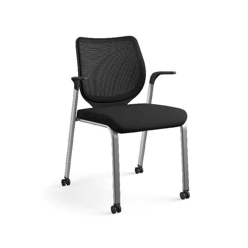 HON Nucleus Knit Back Stacking Chair | Fixed Arms | Glides | Black ilira-Stretch | Platinum Metallic Frame | Black Fabric. Picture 5