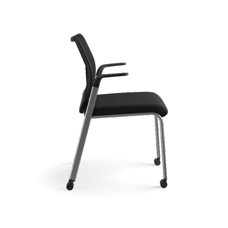 HON Nucleus Knit Back Stacking Chair | Fixed Arms | Glides | Black ilira-Stretch | Platinum Metallic Frame | Black Fabric. Picture 6