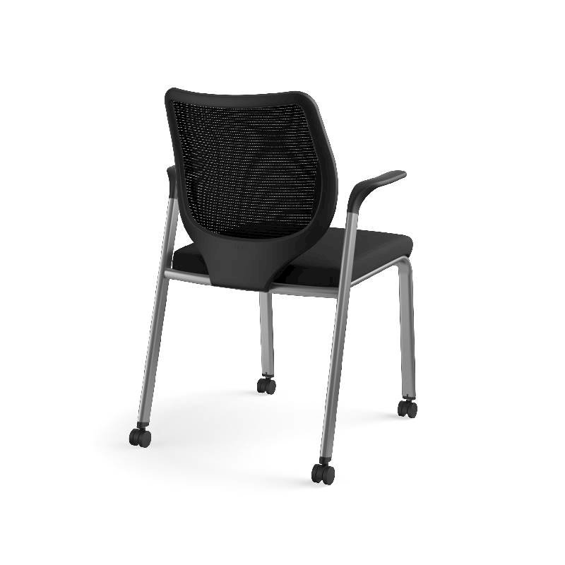 HON Nucleus Knit Back Stacking Chair | Fixed Arms | Glides | Black ilira-Stretch | Platinum Metallic Frame | Black Fabric. Picture 8