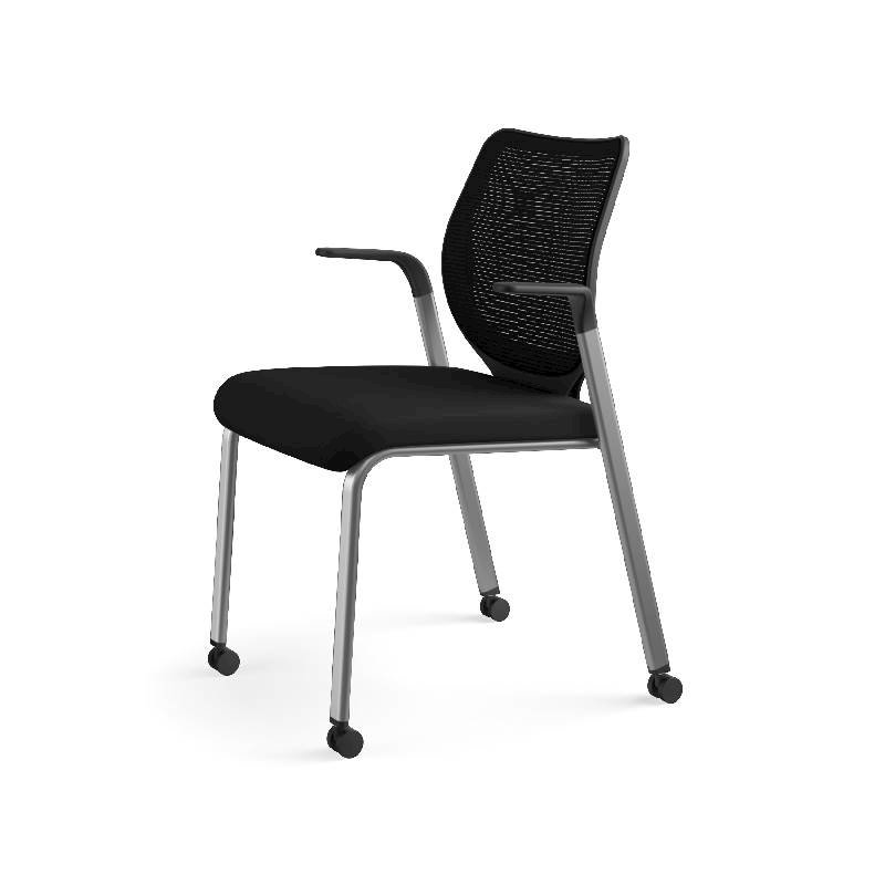 HON Nucleus Knit Back Stacking Chair | Fixed Arms | Glides | Black ilira-Stretch | Platinum Metallic Frame | Black Fabric. Picture 13