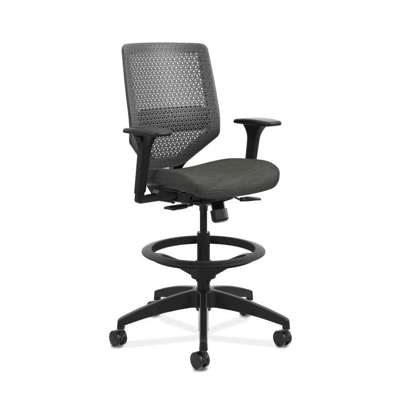 HON Solve Mid-Back Task Stool | Charcoal ReActiv Back | Adjustable Arms | Adjustable Lumbar | Black Frame |  Ink Seat Fabric. The main picture.