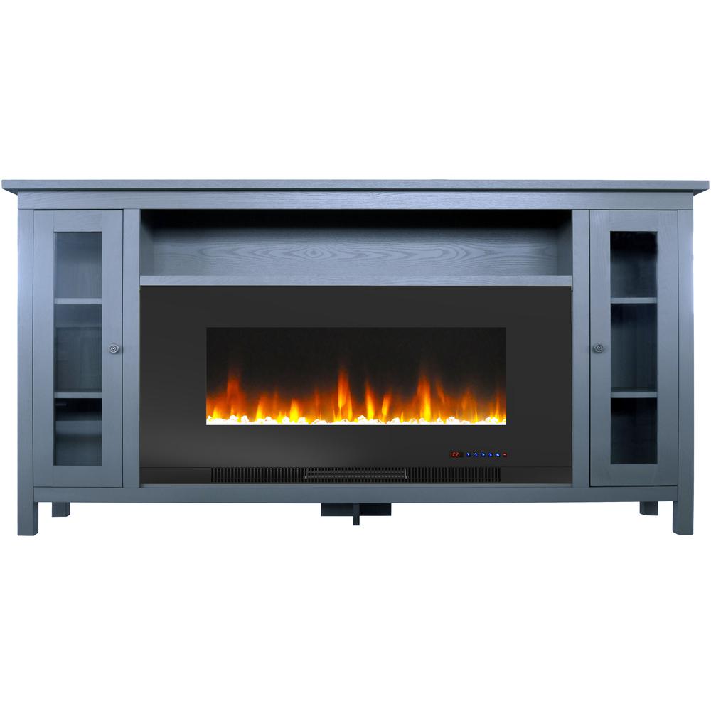 Somerset 70-In. Slate Blue Electric Fireplace TV Stand with Multi-Color LED Flames, Crystal Rock Display, and Remote Control. Picture 3