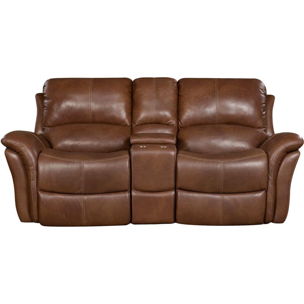 Appalachia 100% Leather Double Reclining Console Loveseat. Picture 1