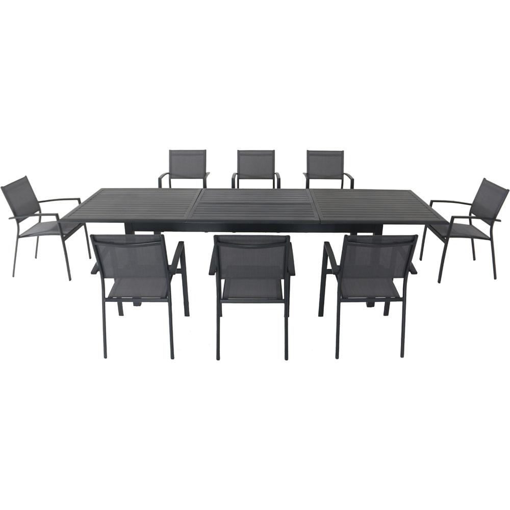 Dawson9pc: 8 Aluminum Sling Chairs, 78-118" Aluminum Extension Table. The main picture.