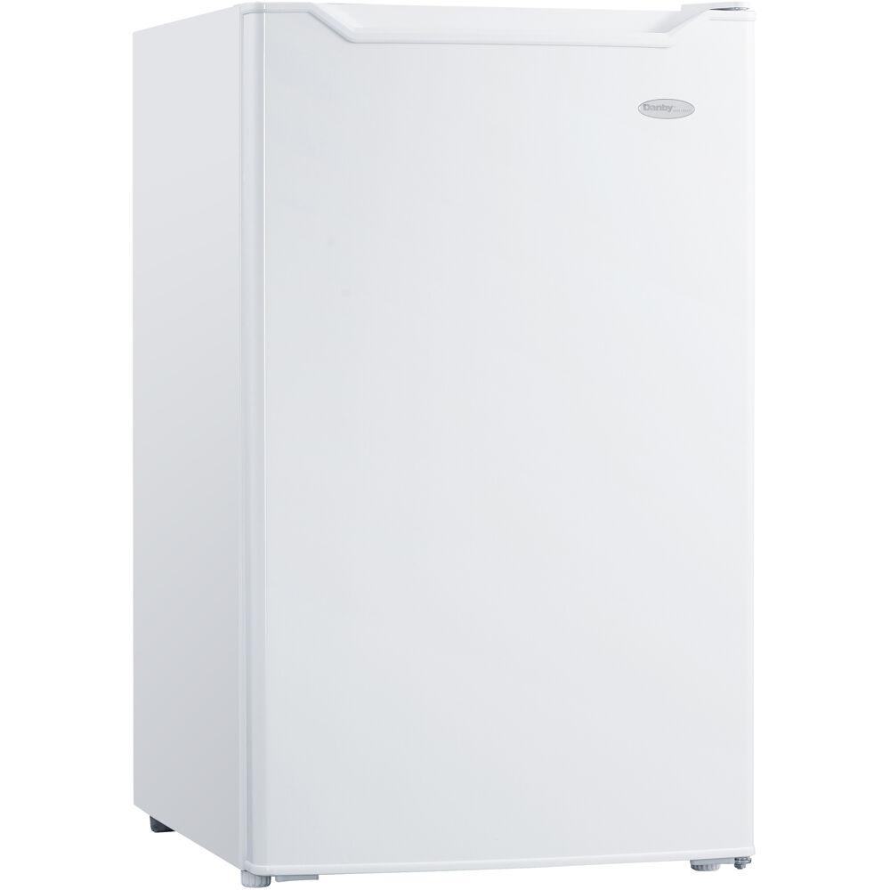 4.4 CuFt. Refrigerator, Push Button Defrost, Full Width Freezer Section. The main picture.