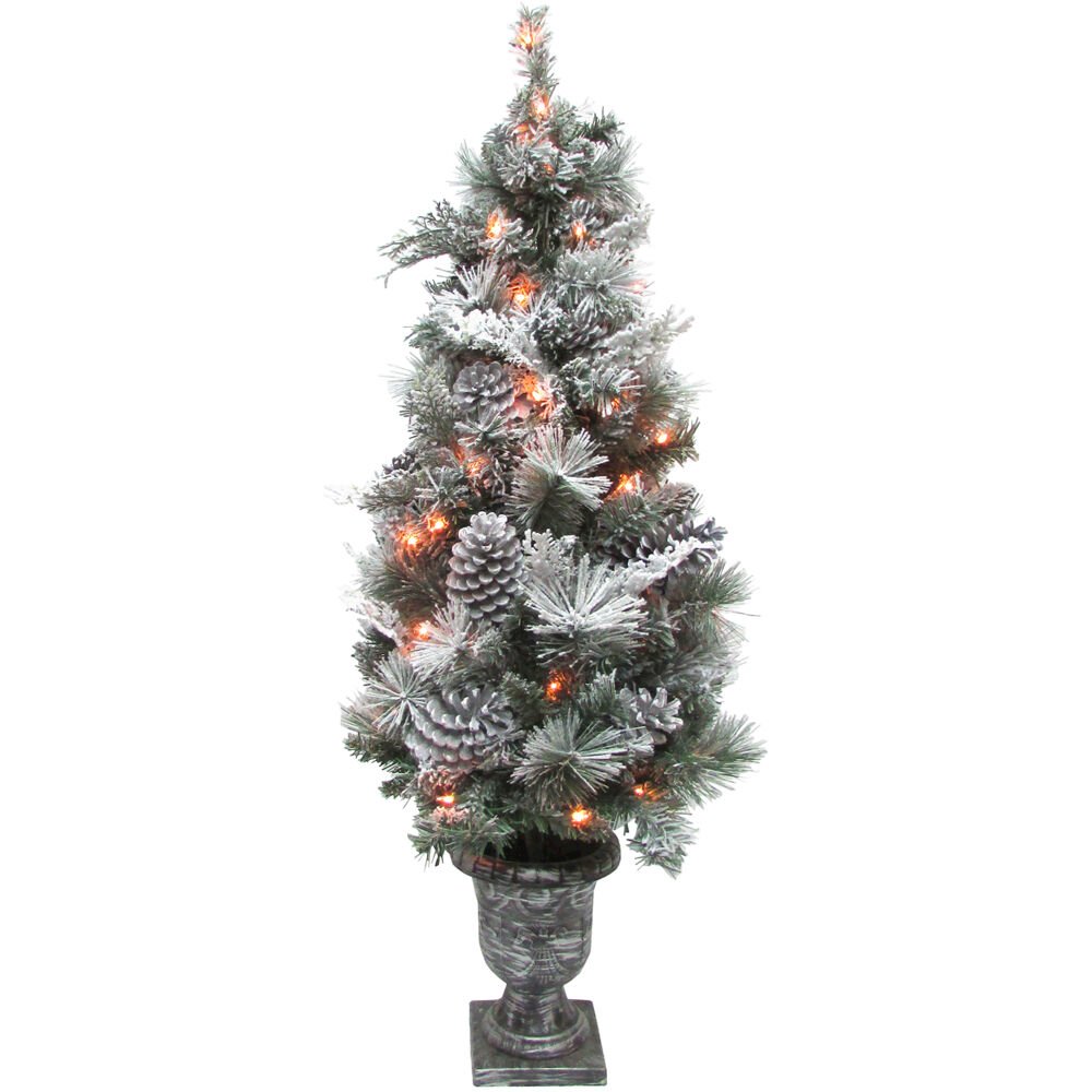 4' Mixed Pine/Pinecone Snowy Porch Tree in Urn Pot, BO UL Lights. Picture 1