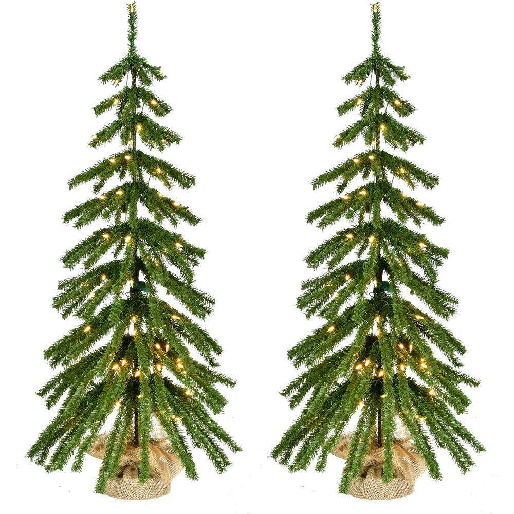 4-ft. Downswept Farmhouse Fir Christmas Tree with Burlap Bag and Warm White LED Lights, Set of 2. The main picture.