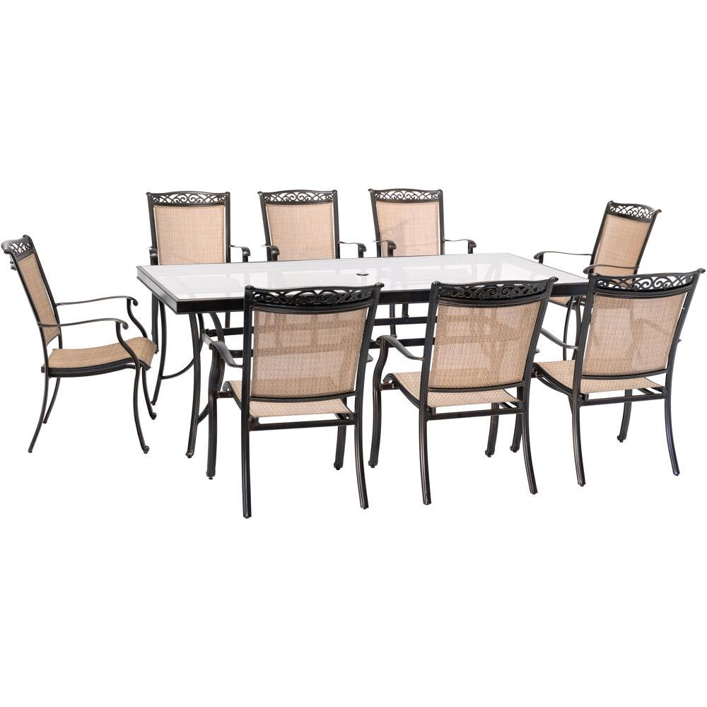 Fontana9pc: 8 Sling Dining Chairs, 42x84" Glass Top Table. Picture 1