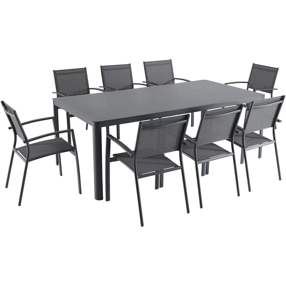 Fresno7pc: 8 Aluminum Sling Chairs, 82x43" Glass Top Table. The main picture.